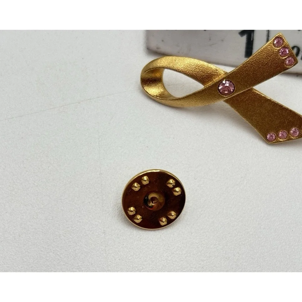 Avon Pink Ribbon Breast‎ Cancer Awareness Rhinestone Gold Tone Lapel Pin
